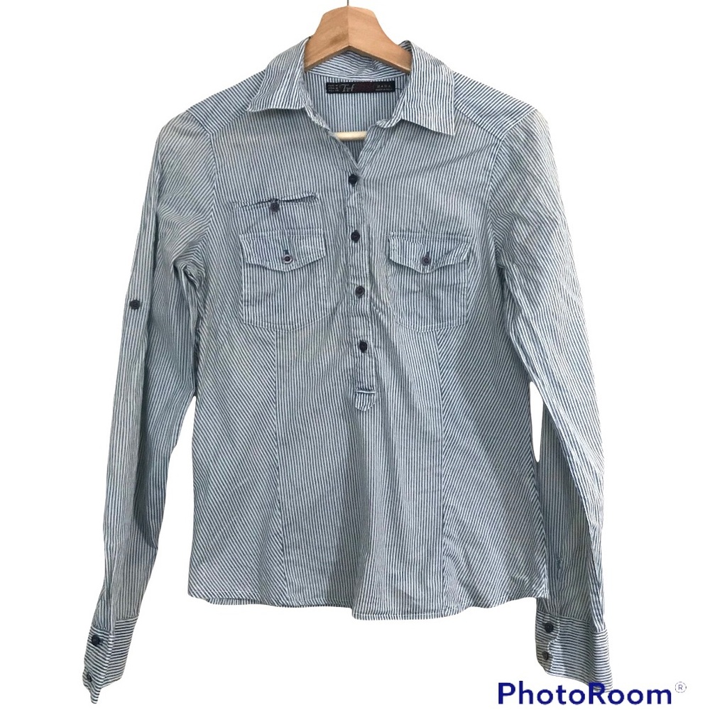 Zara Vertical Stripes 3/4 Button Up Shirt